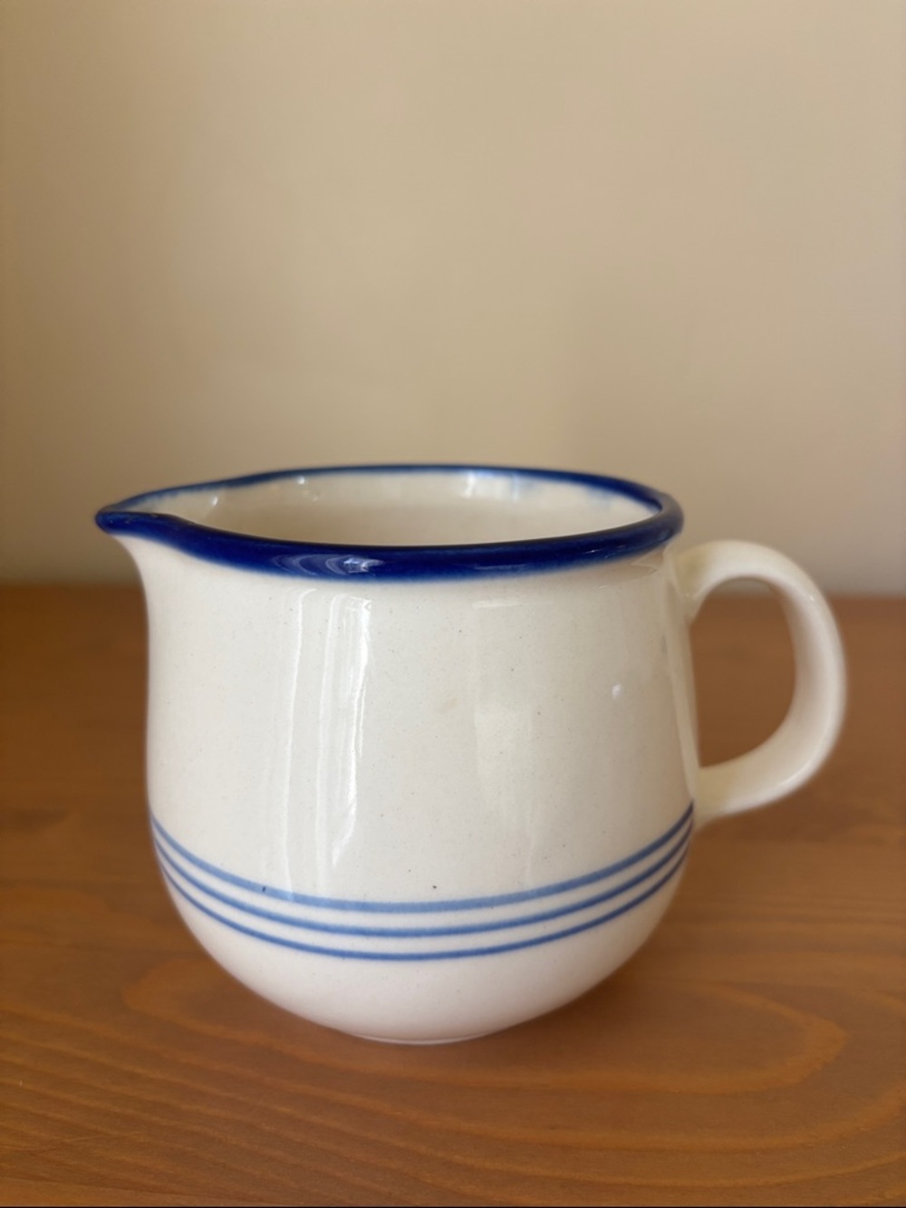 Vintage East Germany DDR Cream Ceramic Creamer with Blue Trim and Stripe Pitcher